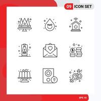 Mobile Interface Outline Set of 9 Pictograms of mail love home network heart camping Editable Vector Design Elements