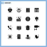 Pack of 16 Modern Solid Glyphs Signs and Symbols for Web Print Media such as tick design health calendar options Editable Vector Design Elements