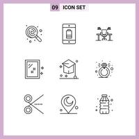 Pack of 9 creative Outlines of mirror work place mobile office computer Editable Vector Design Elements