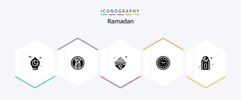 paquete de iconos de 25 glifos de ramadán que incluye reloj. comida. ramadán almuerzo . alimento vector