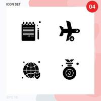 Solid Glyph Pack of 4 Universal Symbols of back to school globe notebook plane security Editable Vector Design Elements