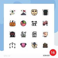 conjunto de pictogramas de 16 líneas simples llenas de color plano de datos máscara de miedo calabaza anunciar elementos de diseño de vectores creativos editables