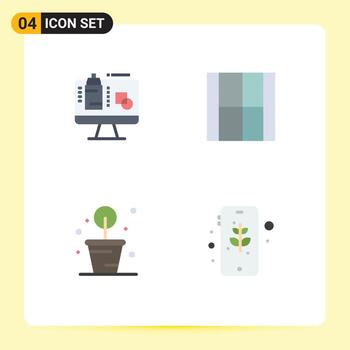 Set of 4 Vector Flat Icons on Grid for computer gardening presentation draw potted plant Editable Vector Design Elements