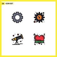 Group of 4 Filledline Flat Colors Signs and Symbols for gear telescope gear watch hearts Editable Vector Design Elements