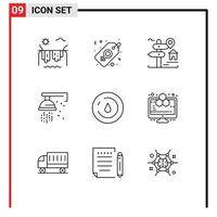 Set of 9 Modern UI Icons Symbols Signs for energy plumbing location plumber home Editable Vector Design Elements