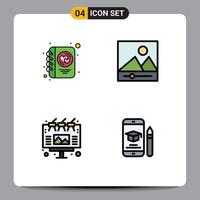 4 Thematic Vector Filledline Flat Colors and Editable Symbols of diary billboard writing photos cap Editable Vector Design Elements