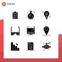 Mobile Interface Solid Glyph Set of 9 Pictograms of tv glasses lab entertainment investing Editable Vector Design Elements