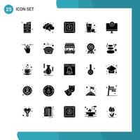 Group of 25 Modern Solid Glyphs Set for gadget computers box add fruit juice Editable Vector Design Elements