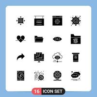 User Interface Pack of 16 Basic Solid Glyphs of heart settings sports gear website Editable Vector Design Elements