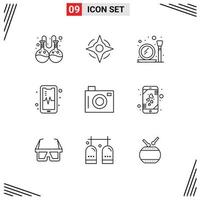 9 User Interface Outline Pack of modern Signs and Symbols of heart picnic mirror holiday beat Editable Vector Design Elements