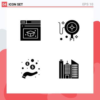 Mobile Interface Solid Glyph Set of 4 Pictograms of web page coins tracking hand business Editable Vector Design Elements