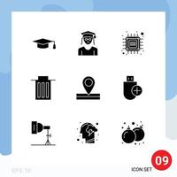 Solid Glyph Pack of 9 Universal Symbols of location user computer trash delete Editable Vector Design Elements