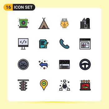 Set of 16 Vector Flat Color Filled Lines on Grid for development computer mind office building Editable Creative Vector Design Elements