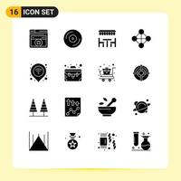 Set of 16 Vector Solid Glyphs on Grid for pin internet resturant topology hierarchy Editable Vector Design Elements