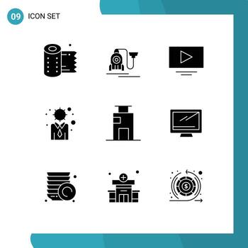 9 Universal Solid Glyphs Set for Web and Mobile Applications buildings apartment video personal development Editable Vector Design Elements
