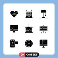 Mobile Interface Solid Glyph Set of 9 Pictograms of bakery screen home monnitor light Editable Vector Design Elements