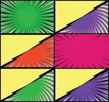 Comic book colorful frames background with halftone rays radial and dotted effects pop art style vector