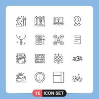 Universal Icon Symbols Group of 16 Modern Outlines of pin map home location signal Editable Vector Design Elements