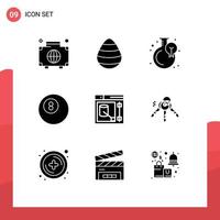 Set of 9 Commercial Solid Glyphs pack for tool design spring billiard progress Editable Vector Design Elements