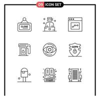 Set of 9 Modern UI Icons Symbols Signs for eye drop analytics oil gasoline Editable Vector Design Elements