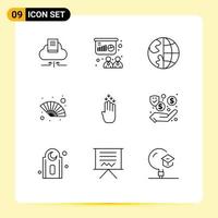 9 User Interface Outline Pack of modern Signs and Symbols of finger gras communication hand fan globe Editable Vector Design Elements