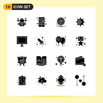 Set of 16 Vector Solid Glyphs on Grid for screen computer caution teeth gear Editable Vector Design Elements