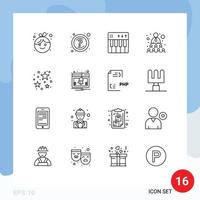 Modern Set of 16 Outlines and symbols such as night team celebration relationship piano Editable Vector Design Elements