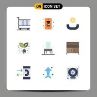 conjunto de pictogramas de 9 colores planos simples de muebles enchufe smartphone hoja ecología elementos de diseño vectorial editables vector