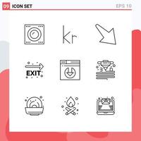 Editable Vector Line Pack of 9 Simple Outlines of server download web arrow navigation fire exit Editable Vector Design Elements