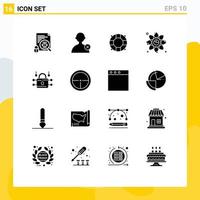 Set of 16 Vector Solid Glyphs on Grid for security louck lifeguard network graph Editable Vector Design Elements