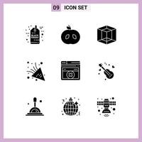Modern Set of 9 Solid Glyphs Pictograph of song errortechnology graphic web party time Editable Vector Design Elements