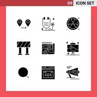 Mobile Interface Solid Glyph Set of 9 Pictograms of guide map burn road float Editable Vector Design Elements