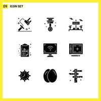 Mobile Interface Solid Glyph Set of 9 Pictograms of multimedia clip board board science chemistry Editable Vector Design Elements