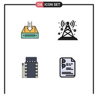 4 Universal Filledline Flat Color Signs Symbols of inbox tower document antenna matches Editable Vector Design Elements