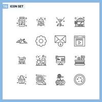 Modern Set of 16 Outlines Pictograph of hill mountain key city bus terminal bus Editable Vector Design Elements