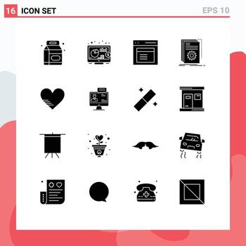 conjunto de 16 paquetes de glifos sólidos comerciales para elementos de diseño vectorial editables de la aplicación de desarrollador de interfaz de programa cardíaco vector