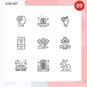 paquete de 9 signos y símbolos de contornos modernos para medios de impresión web, como el usuario de un teléfono inteligente con tarjeta que ejecuta elementos de diseño de vectores editables de idea