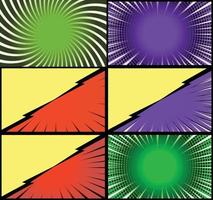 Comic book colorful frames background with halftone rays radial and dotted effects pop art style vector