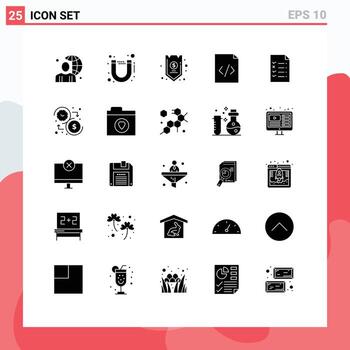 Pack of 25 Modern Solid Glyphs Signs and Symbols for Web Print Media such as file html safe document insurance Editable Vector Design Elements