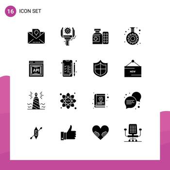 paquete de 16 signos y símbolos de glifos sólidos modernos para medios de impresión web, como elementos de diseño de vectores editables del hospital de frascos de robótica de engranajes api