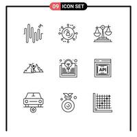 Pictogram Set of 9 Simple Outlines of bulb study decision sun hill Editable Vector Design Elements