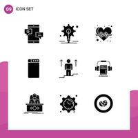 Modern Set of 9 Solid Glyphs Pictograph of man up beat user machine Editable Vector Design Elements