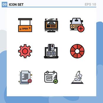 grupo de 9 colores planos de línea de relleno modernos establecidos para la configuración de la interfaz vehículos de diseño de sitios web elementos de diseño vectorial más editables vector