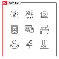 paquete de 9 signos y símbolos de contornos modernos para medios de impresión web, como soporte de monitor, servicio de cocina, elementos de diseño de vectores editables móviles