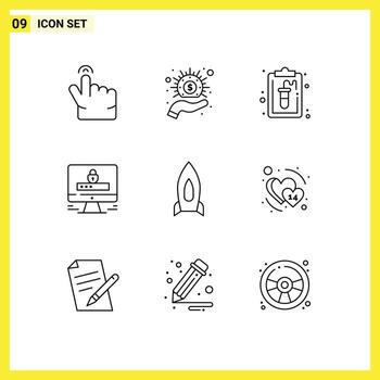 Pack of 9 Modern Outlines Signs and Symbols for Web Print Media such as speedup rocket document security internet Editable Vector Design Elements