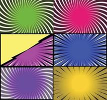 Comic book colorful frames background with halftone rays radial and dotted effects pop art style vector