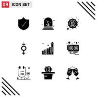 Pack of 9 Modern Solid Glyphs Signs and Symbols for Web Print Media such as hardware statistics celebration growth ribbon Editable Vector Design Elements