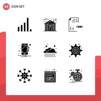 Group of 9 Solid Glyphs Signs and Symbols for rain notification coding mobile device Editable Vector Design Elements
