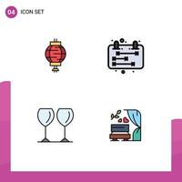 Set of 4 Vector Filledline Flat Colors on Grid for lantern glasses decoration management hotel Editable Vector Design Elements