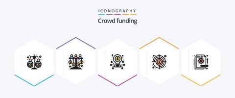 paquete de iconos de 25 líneas completas de crowdfunding que incluye encontrar el objetivo. meta. patrocinador. apuntar. puesta en marcha vector